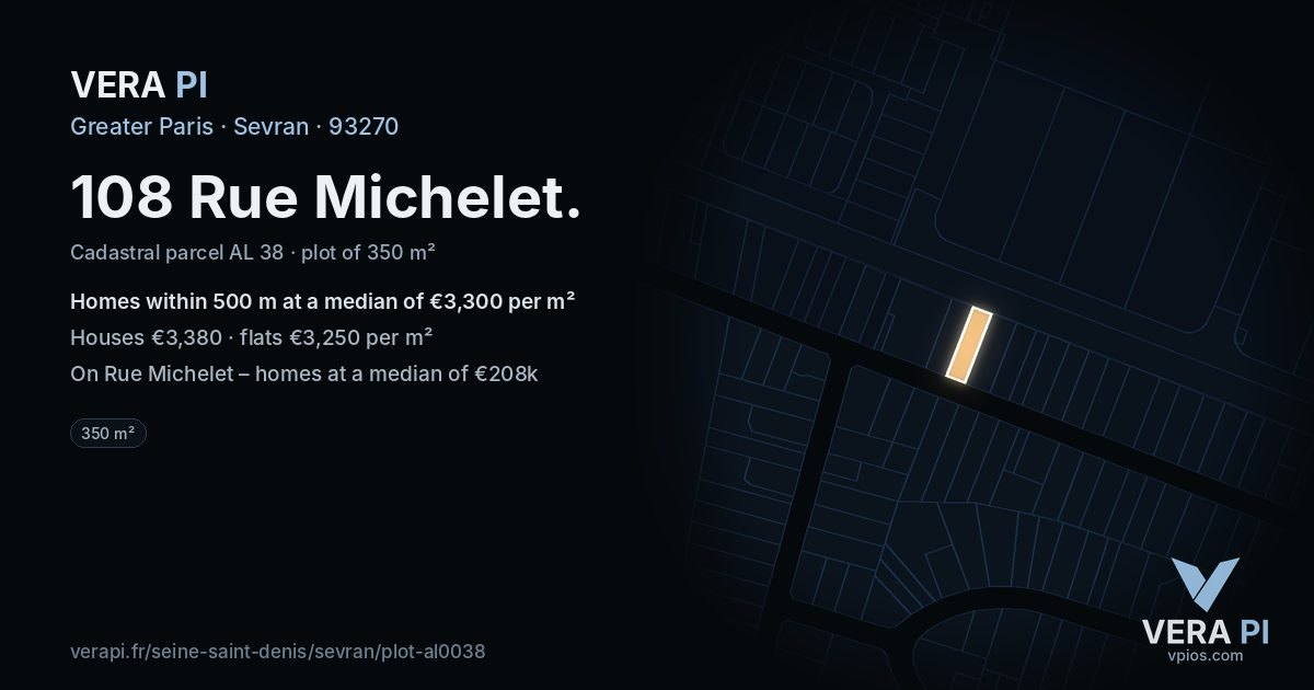 108 Rue Michelet, Sevran at night – the plot lit, the parcels around coloured by the prices near them