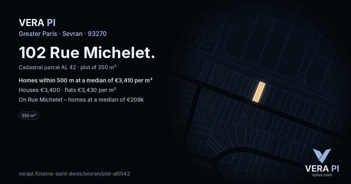 102 Rue Michelet, Sevran at night – the plot lit, the parcels around coloured by the prices near them