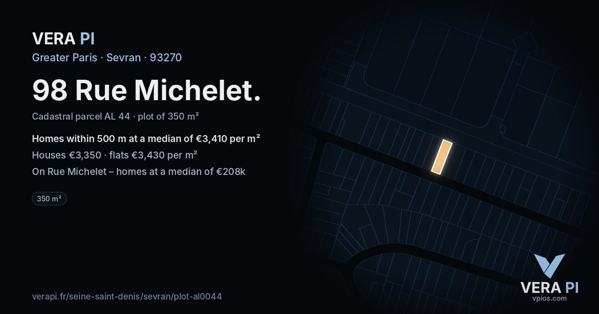 98 Rue Michelet, Sevran at night – the plot lit, the parcels around coloured by the prices near them