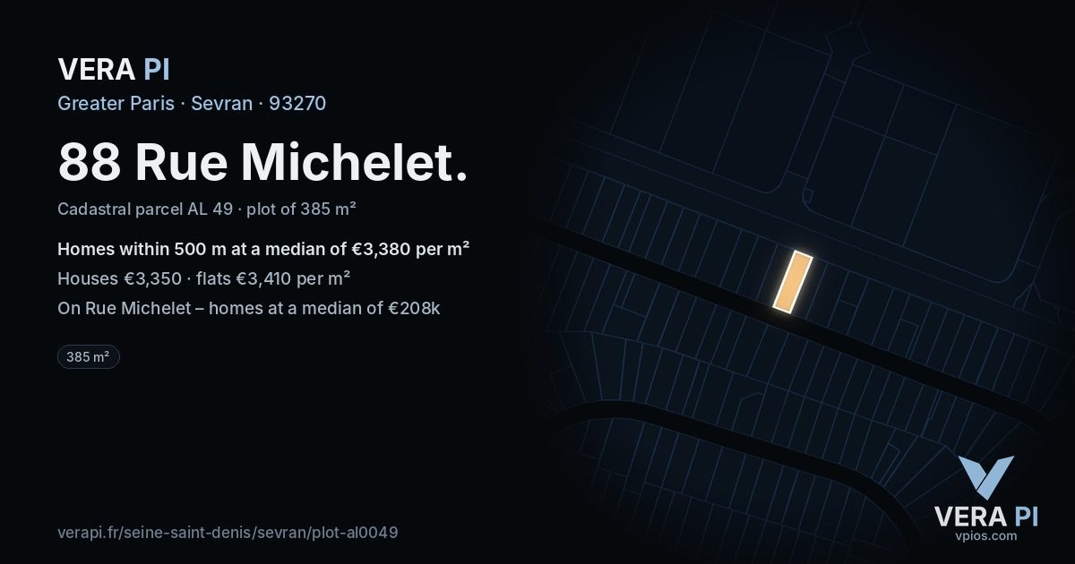 88 Rue Michelet, Sevran at night – the plot lit, the parcels around coloured by the prices near them