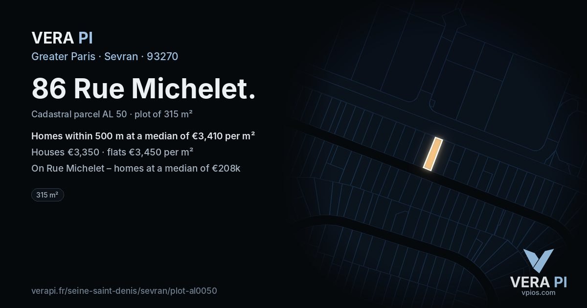 86 Rue Michelet, Sevran at night – the plot lit, the parcels around coloured by the prices near them