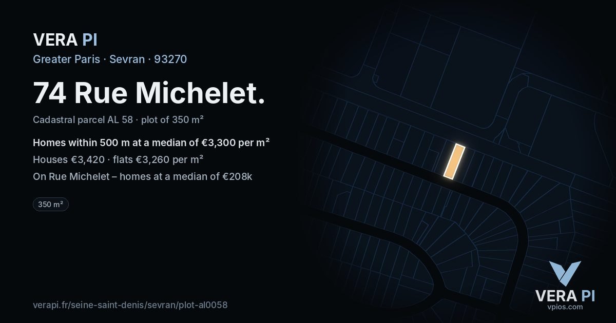 74 Rue Michelet, Sevran at night – the plot lit, the parcels around coloured by the prices near them
