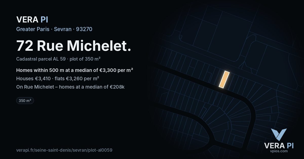 72 Rue Michelet, Sevran at night – the plot lit, the parcels around coloured by the prices near them