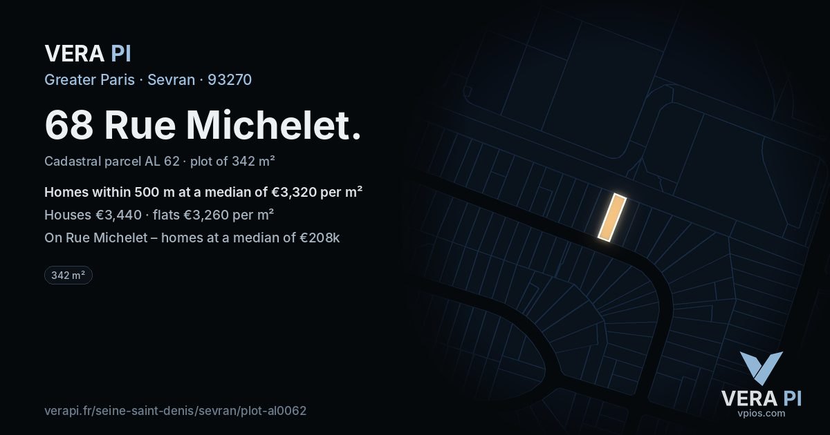 68 Rue Michelet, Sevran at night – the plot lit, the parcels around coloured by the prices near them