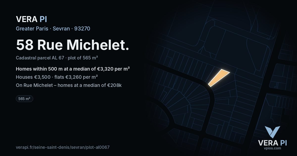 58 Rue Michelet, Sevran at night – the plot lit, the parcels around coloured by the prices near them
