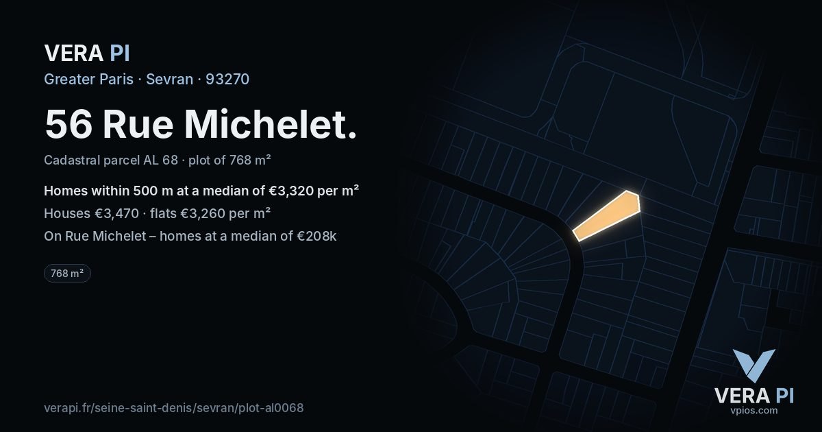 56 Rue Michelet, Sevran at night – the plot lit, the parcels around coloured by the prices near them