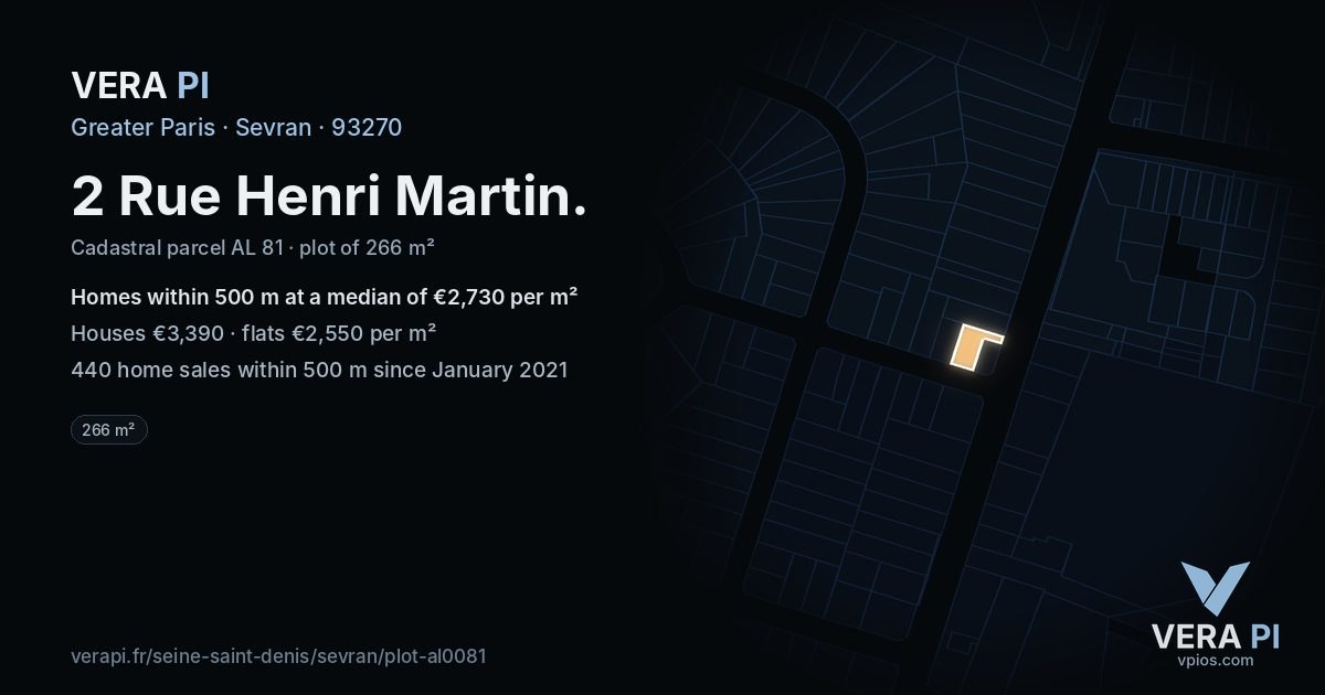 2 Rue Henri Martin, Sevran at night – the plot lit, the parcels around coloured by the prices near them