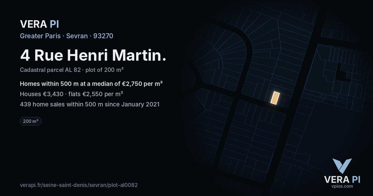4 Rue Henri Martin, Sevran at night – the plot lit, the parcels around coloured by the prices near them
