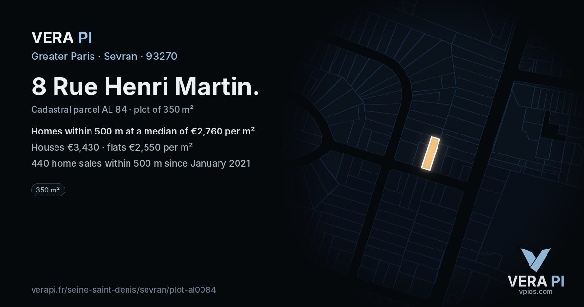 8 Rue Henri Martin, Sevran at night – the plot lit, the parcels around coloured by the prices near them
