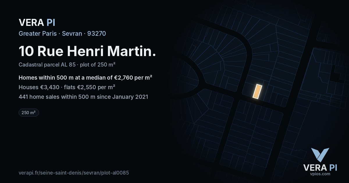 10 Rue Henri Martin, Sevran at night – the plot lit, the parcels around coloured by the prices near them