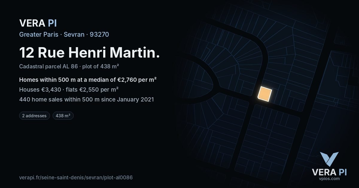 12 Rue Henri Martin, Sevran at night – the plot lit, the parcels around coloured by the prices near them