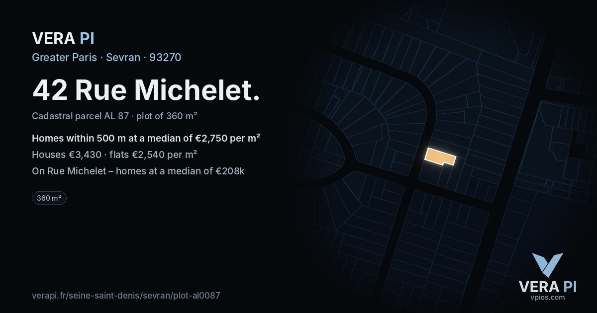 42 Rue Michelet, Sevran at night – the plot lit, the parcels around coloured by the prices near them