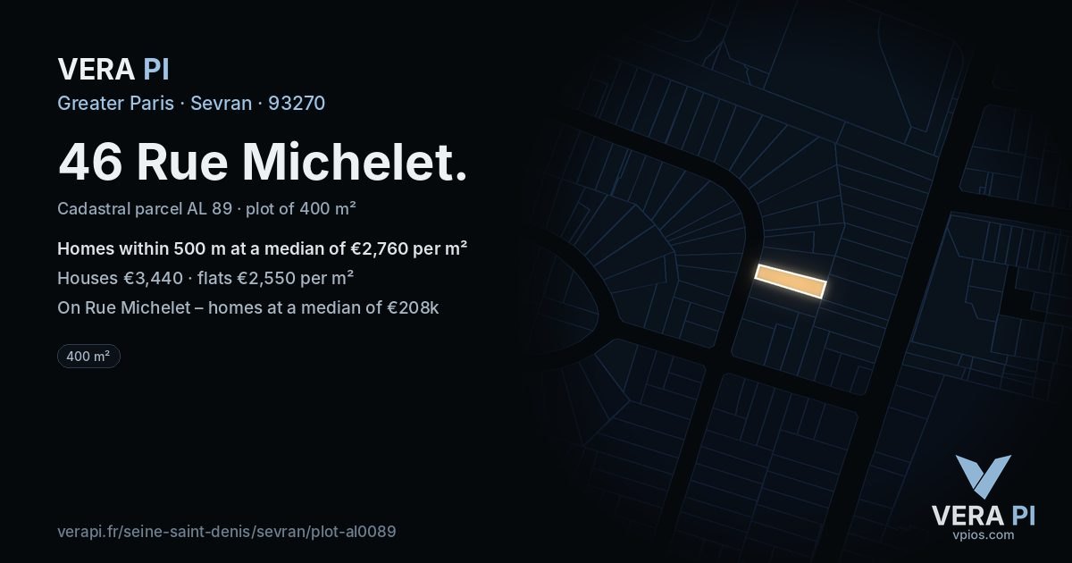 46 Rue Michelet, Sevran at night – the plot lit, the parcels around coloured by the prices near them