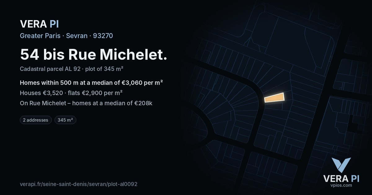 54 bis Rue Michelet, Sevran at night – the plot lit, the parcels around coloured by the prices near them
