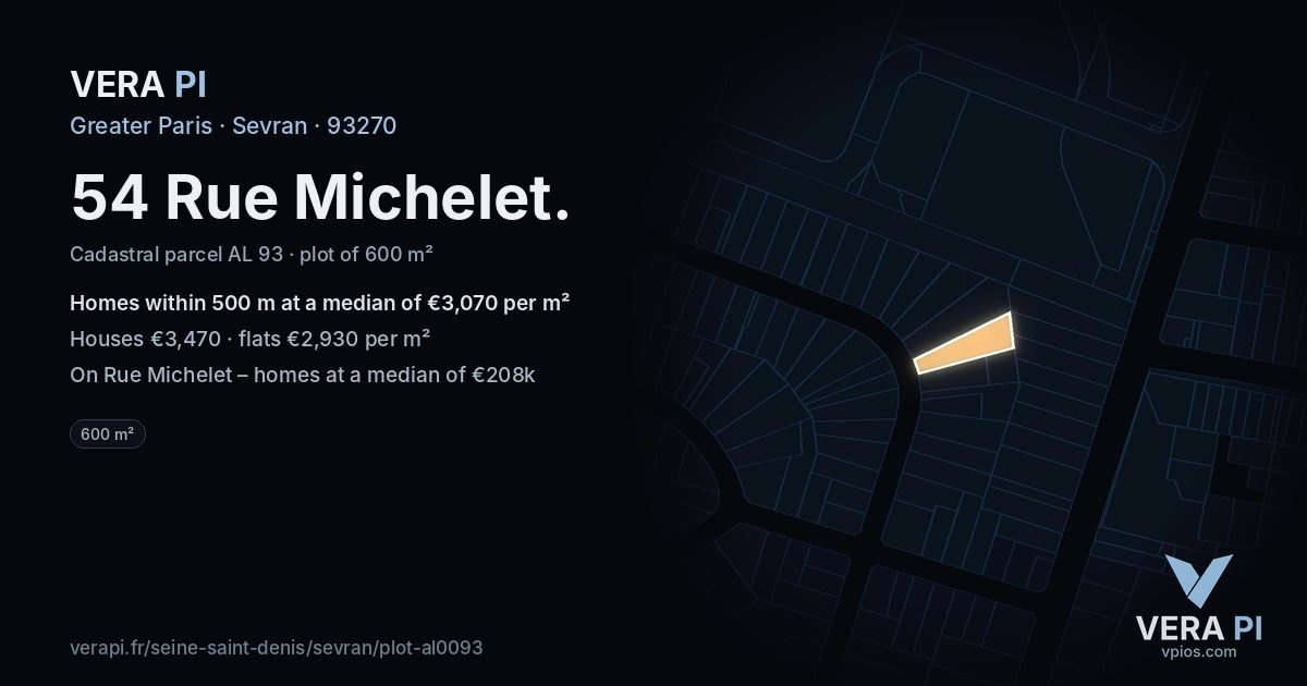 54 Rue Michelet, Sevran at night – the plot lit, the parcels around coloured by the prices near them