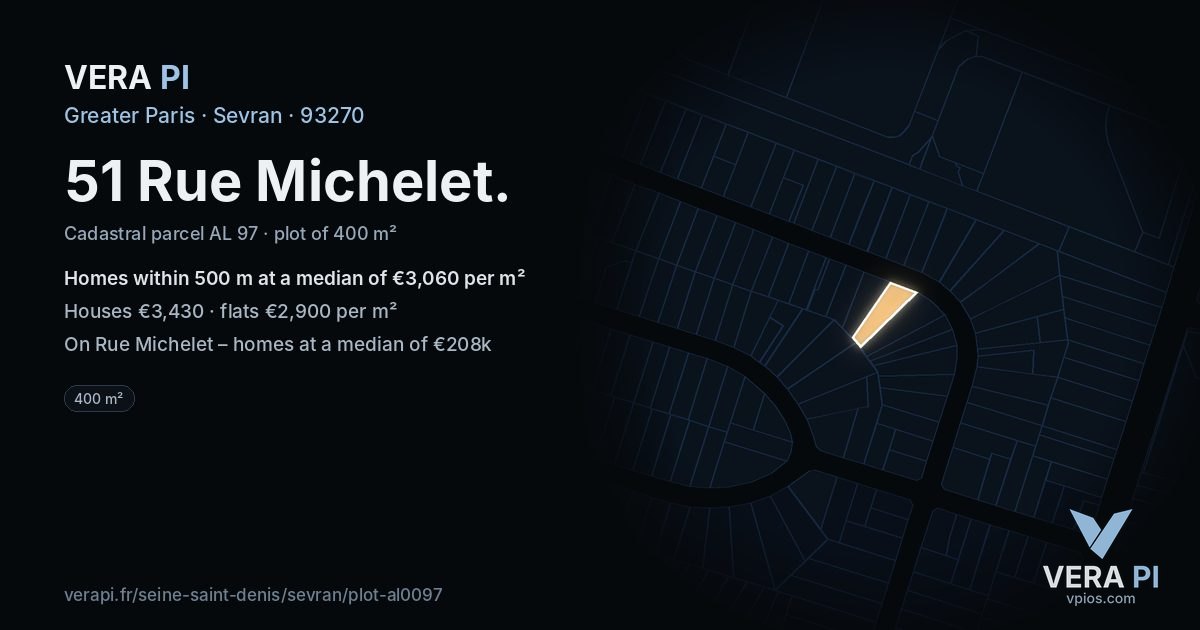 51 Rue Michelet, Sevran at night – the plot lit, the parcels around coloured by the prices near them