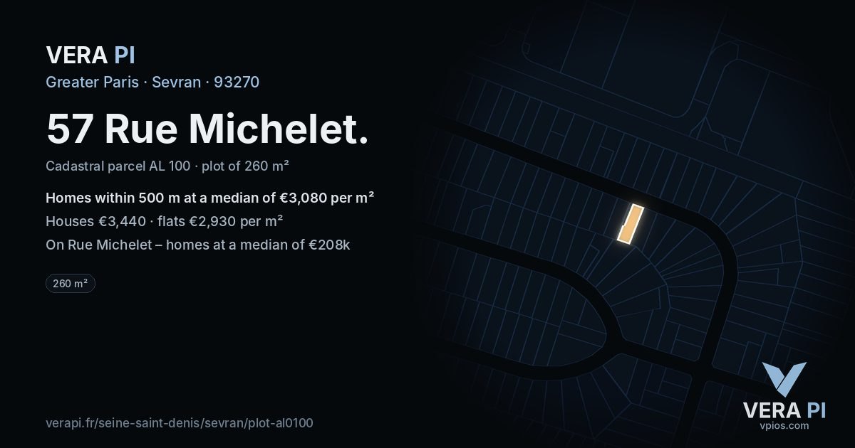 57 Rue Michelet, Sevran at night – the plot lit, the parcels around coloured by the prices near them