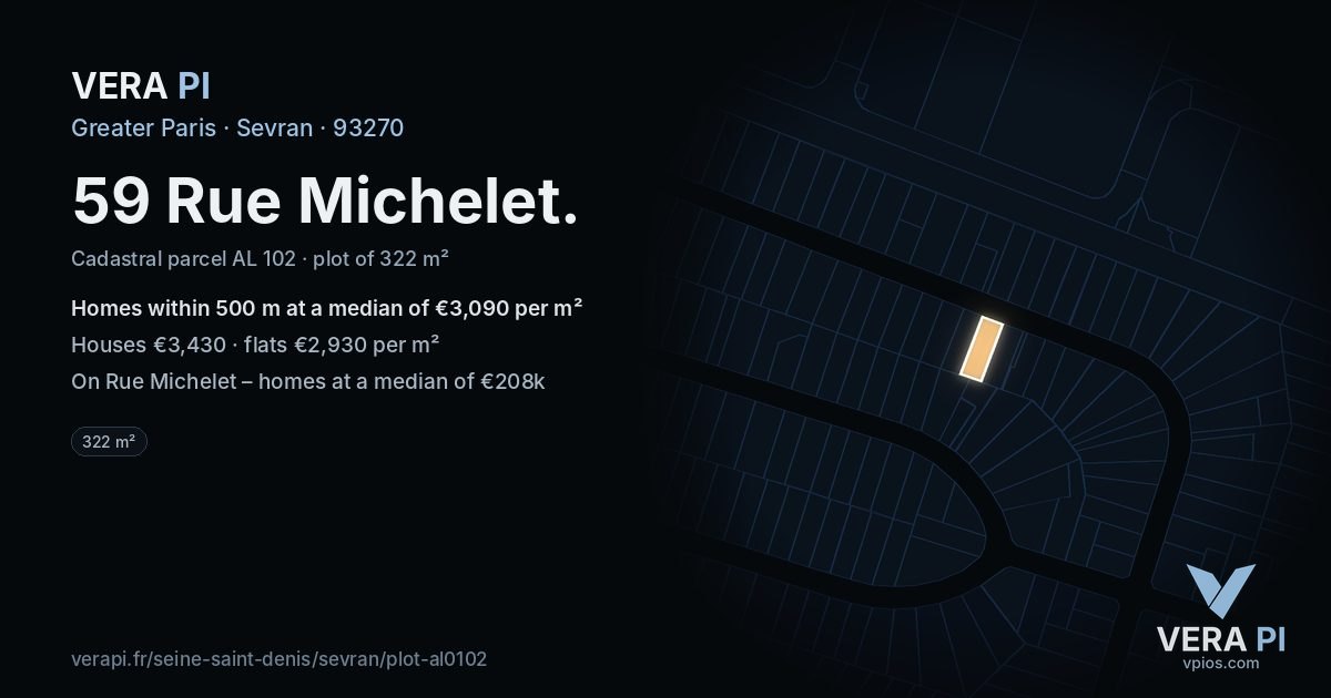 59 Rue Michelet, Sevran at night – the plot lit, the parcels around coloured by the prices near them