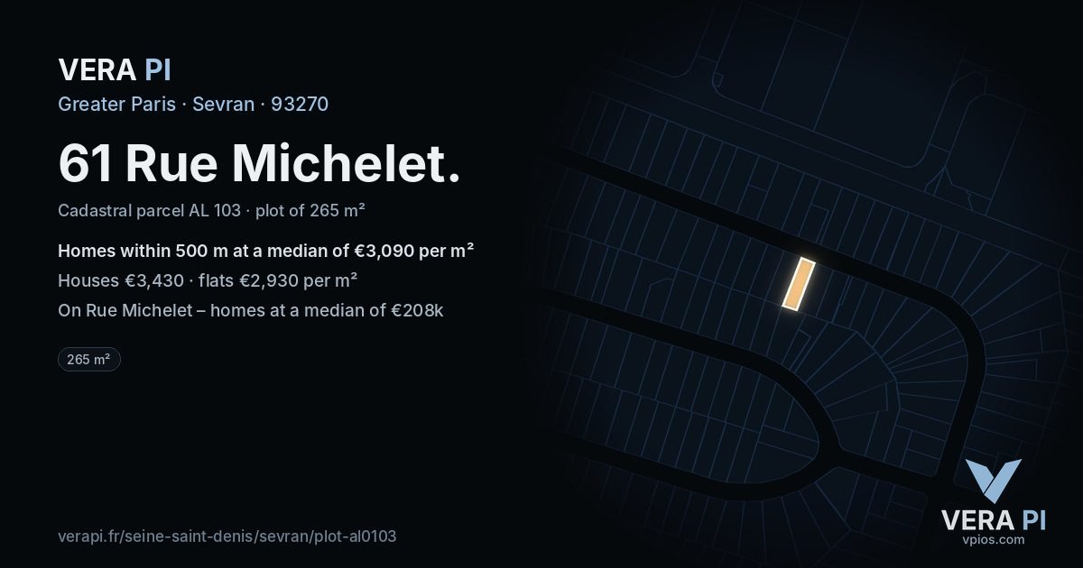 61 Rue Michelet, Sevran at night – the plot lit, the parcels around coloured by the prices near them