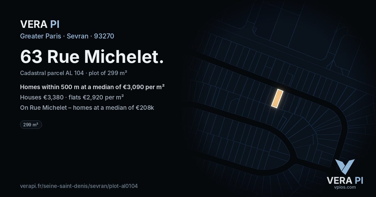 63 Rue Michelet, Sevran at night – the plot lit, the parcels around coloured by the prices near them