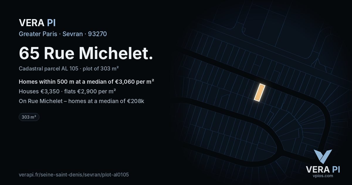 65 Rue Michelet, Sevran at night – the plot lit, the parcels around coloured by the prices near them