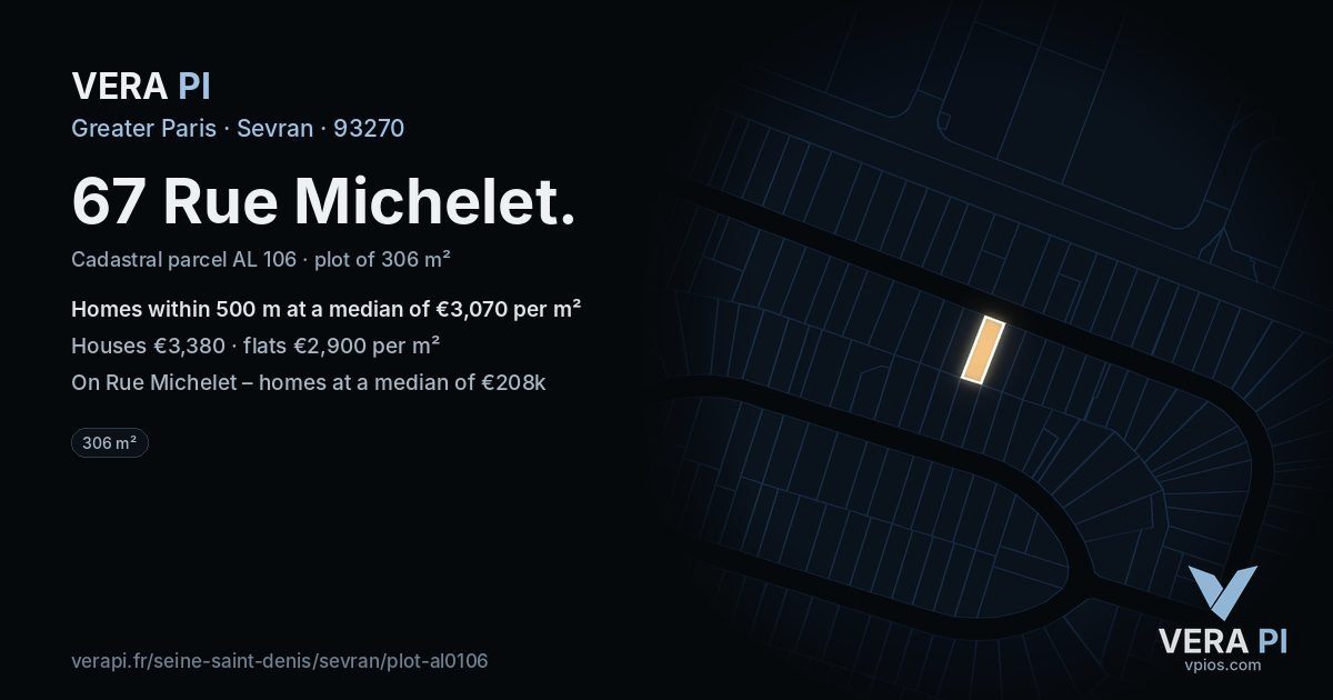 67 Rue Michelet, Sevran at night – the plot lit, the parcels around coloured by the prices near them
