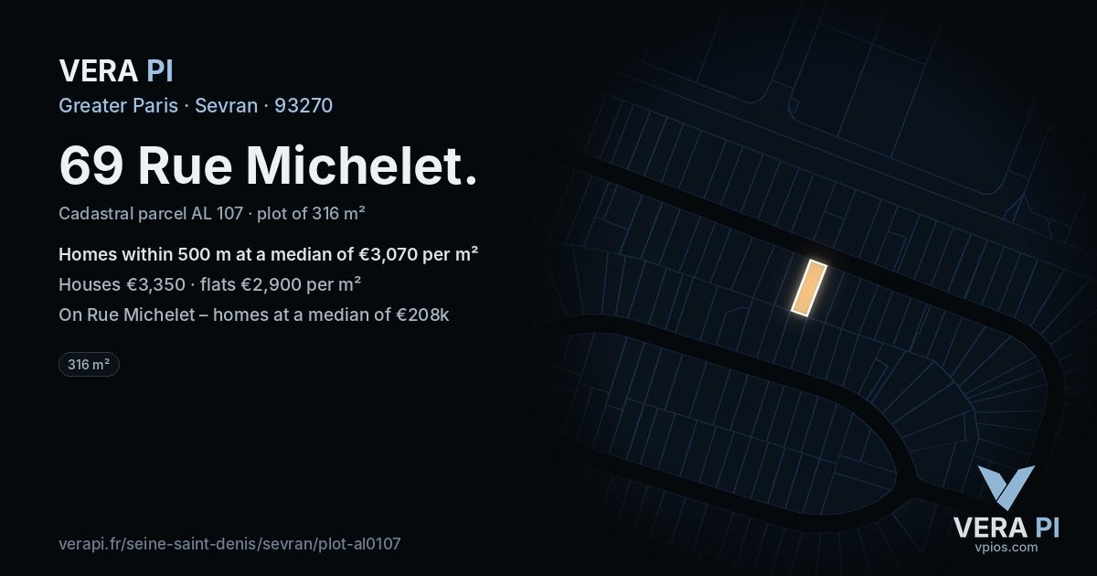 69 Rue Michelet, Sevran at night – the plot lit, the parcels around coloured by the prices near them