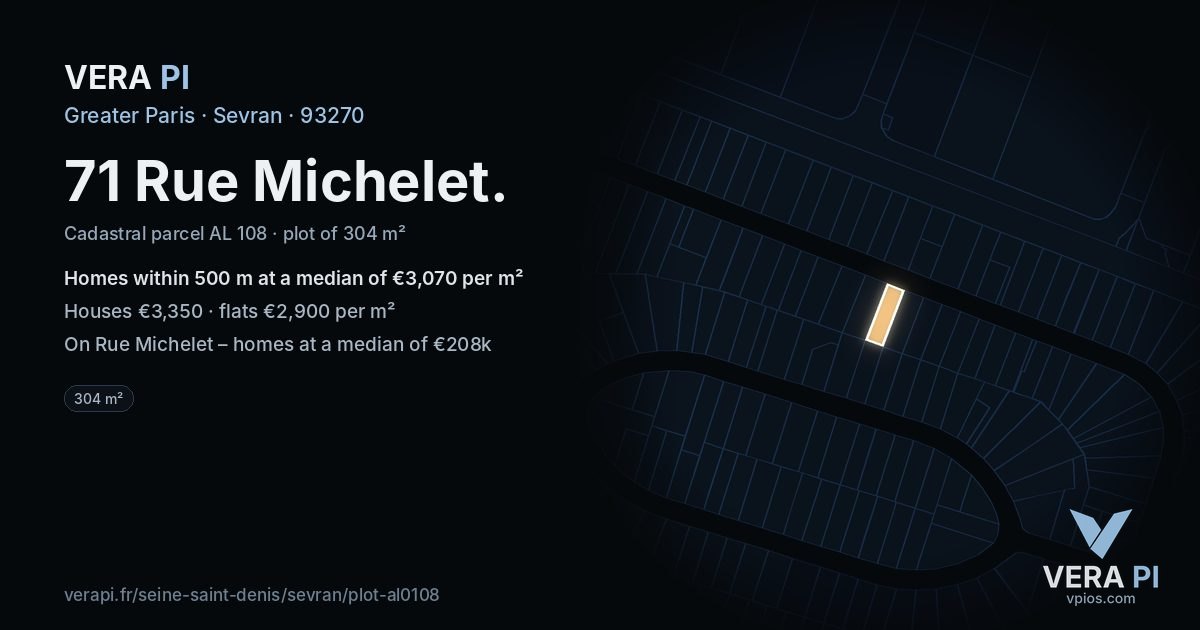 71 Rue Michelet, Sevran at night – the plot lit, the parcels around coloured by the prices near them