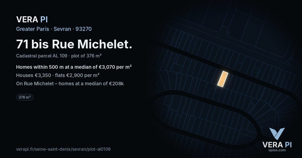 71 bis Rue Michelet, Sevran at night – the plot lit, the parcels around coloured by the prices near them