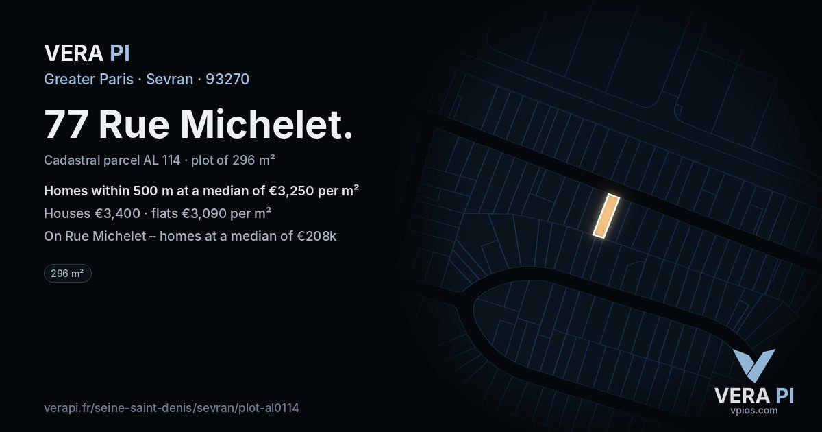 77 Rue Michelet, Sevran at night – the plot lit, the parcels around coloured by the prices near them