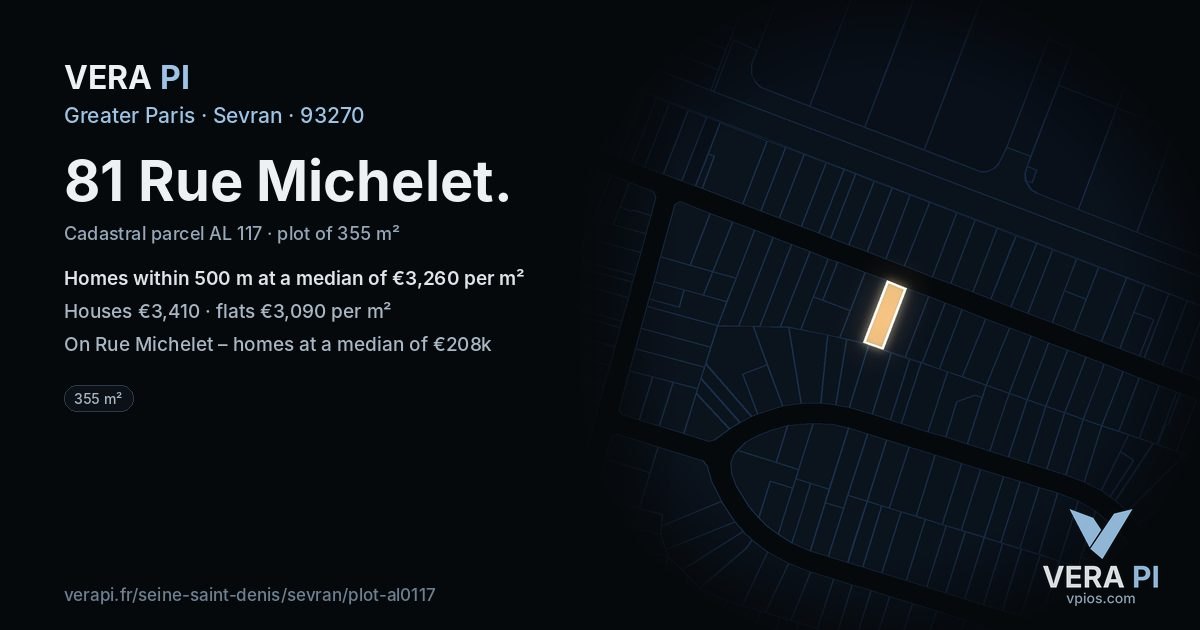81 Rue Michelet, Sevran at night – the plot lit, the parcels around coloured by the prices near them