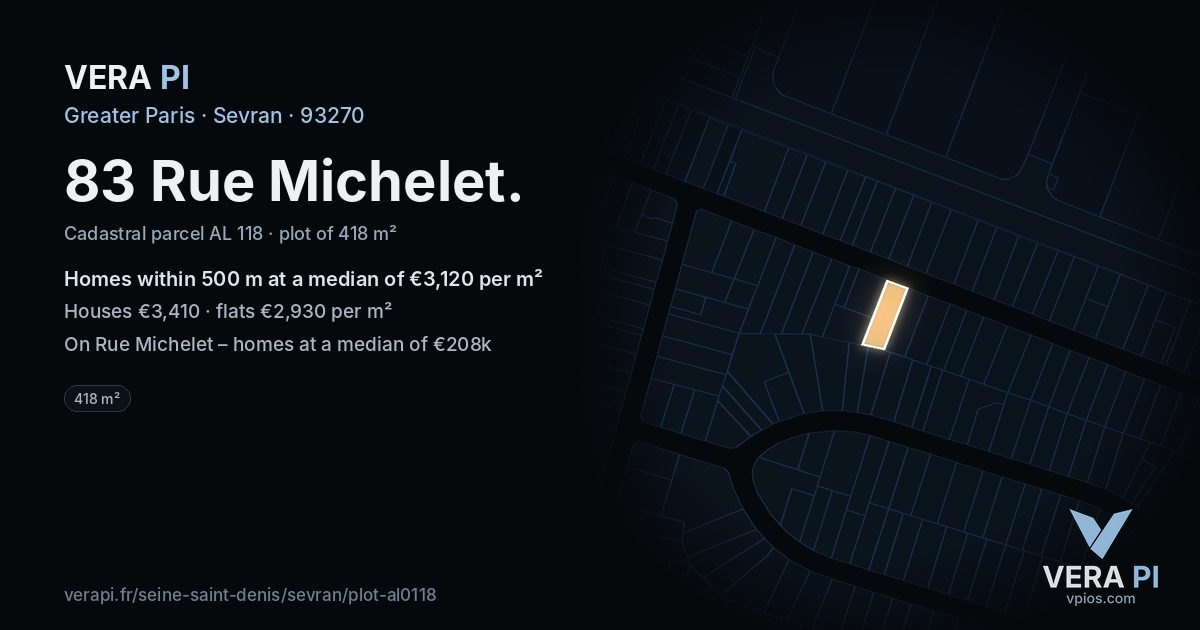 83 Rue Michelet, Sevran at night – the plot lit, the parcels around coloured by the prices near them