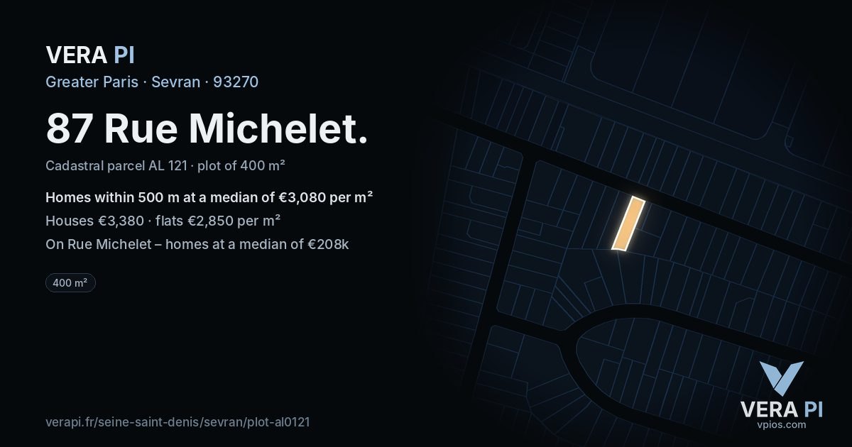 87 Rue Michelet, Sevran at night – the plot lit, the parcels around coloured by the prices near them