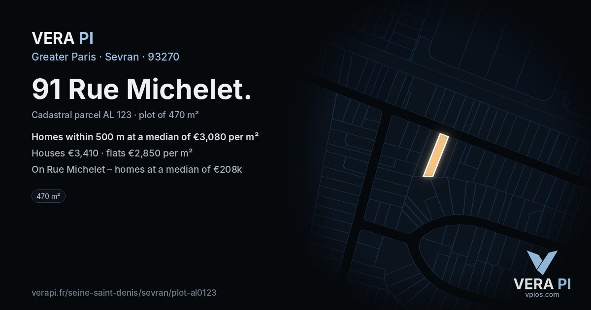 91 Rue Michelet, Sevran at night – the plot lit, the parcels around coloured by the prices near them