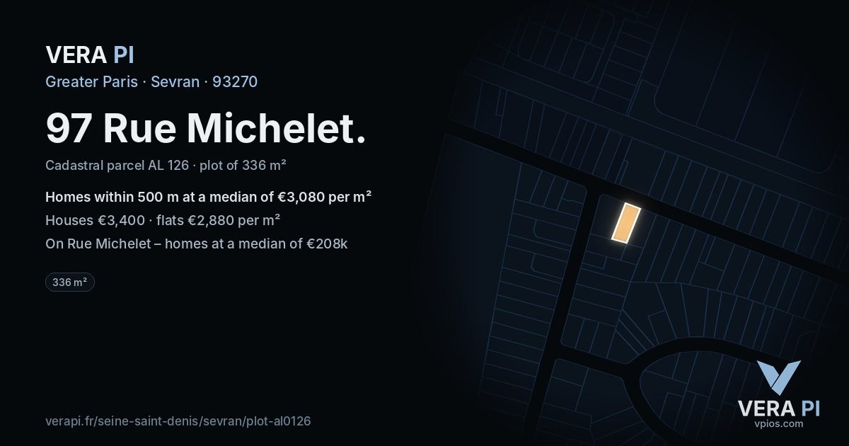 97 Rue Michelet, Sevran at night – the plot lit, the parcels around coloured by the prices near them