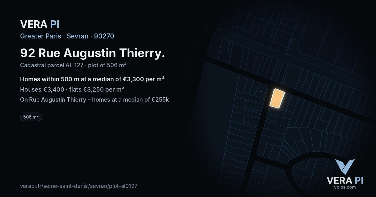 92 Rue Augustin Thierry, Sevran at night – the plot lit, the parcels around coloured by the prices near them