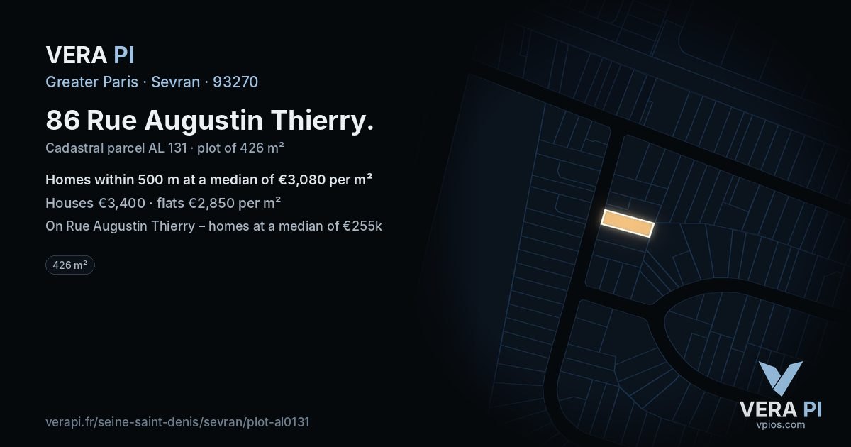 86 Rue Augustin Thierry, Sevran at night – the plot lit, the parcels around coloured by the prices near them
