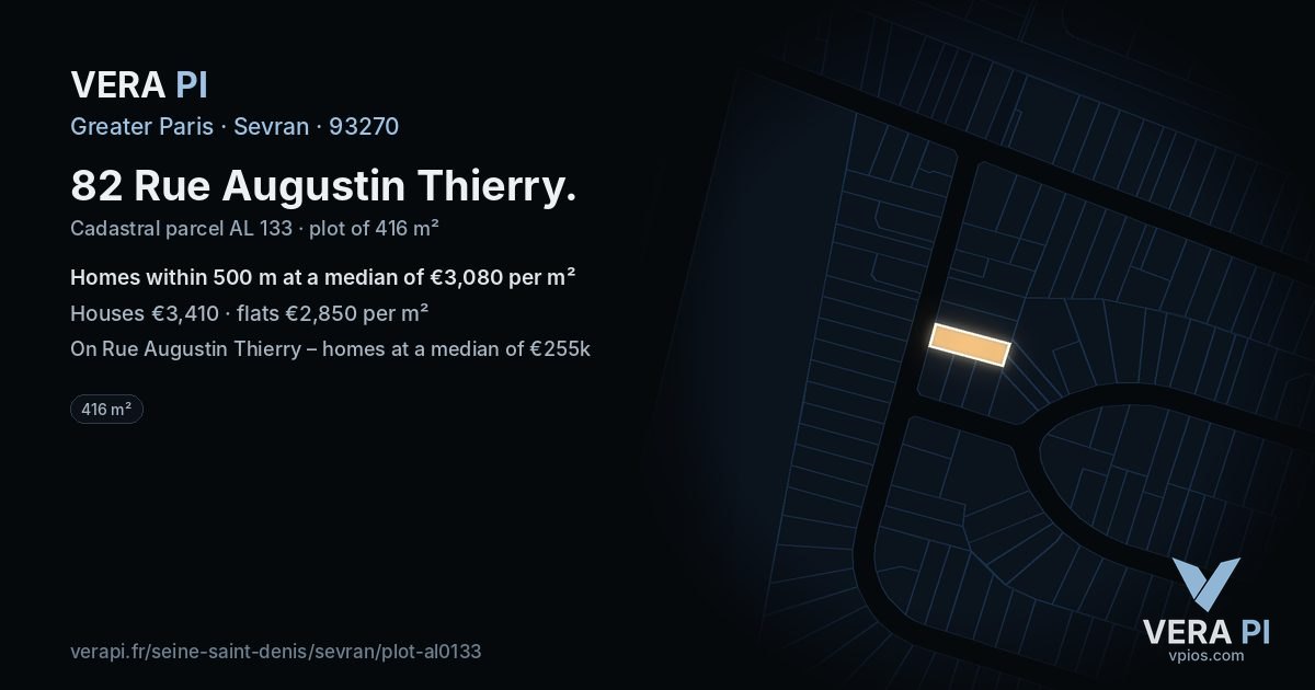 82 Rue Augustin Thierry, Sevran at night – the plot lit, the parcels around coloured by the prices near them