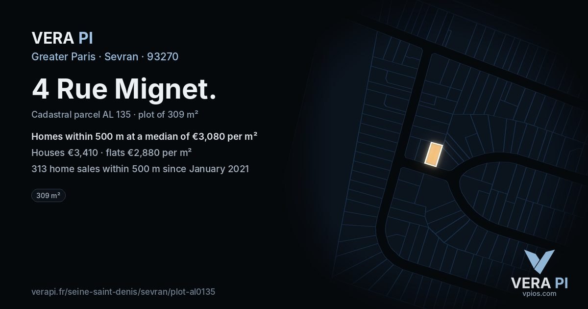 4 Rue Mignet, Sevran at night – the plot lit, the parcels around coloured by the prices near them