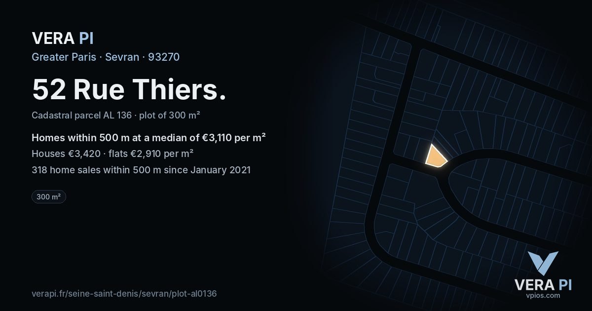 52 Rue Thiers, Sevran at night – the plot lit, the parcels around coloured by the prices near them