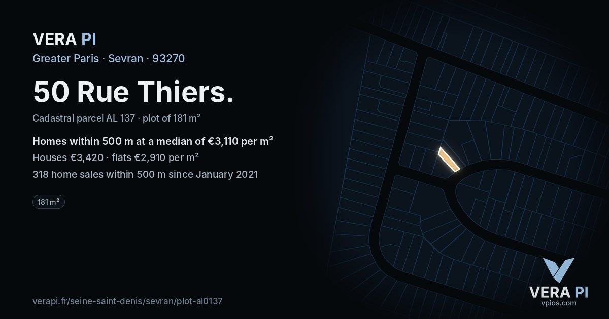 50 Rue Thiers, Sevran at night – the plot lit, the parcels around coloured by the prices near them