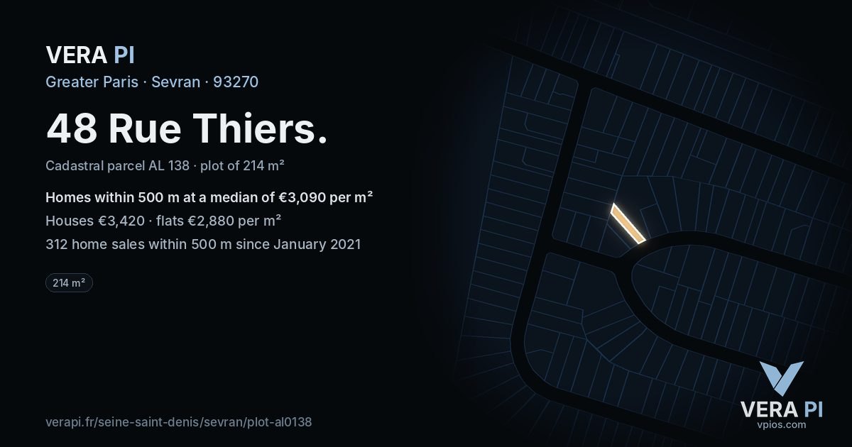 48 Rue Thiers, Sevran at night – the plot lit, the parcels around coloured by the prices near them
