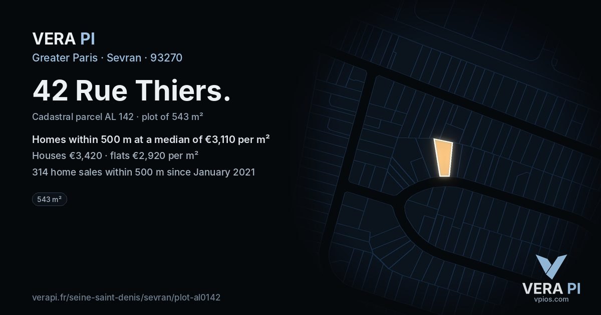 42 Rue Thiers, Sevran at night – the plot lit, the parcels around coloured by the prices near them