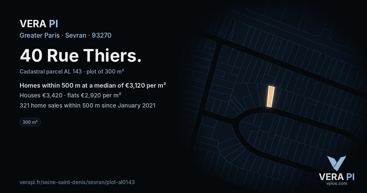 40 Rue Thiers, Sevran at night – the plot lit, the parcels around coloured by the prices near them