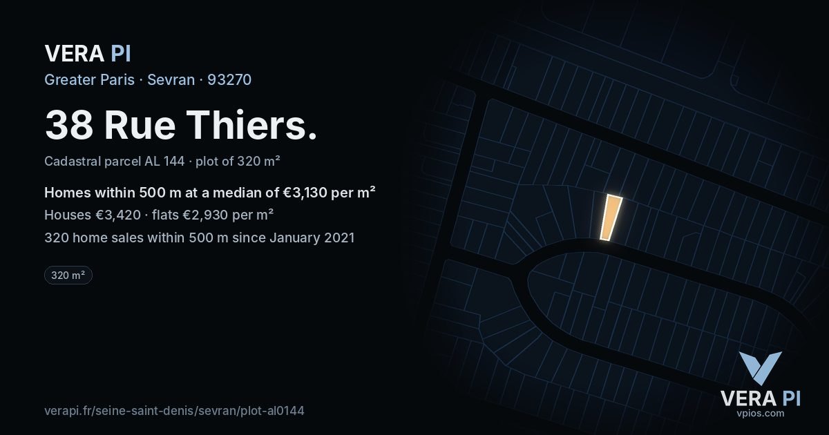 38 Rue Thiers, Sevran at night – the plot lit, the parcels around coloured by the prices near them