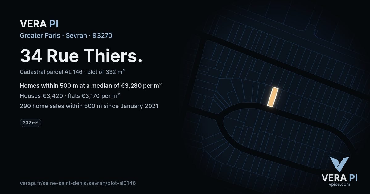 34 Rue Thiers, Sevran at night – the plot lit, the parcels around coloured by the prices near them
