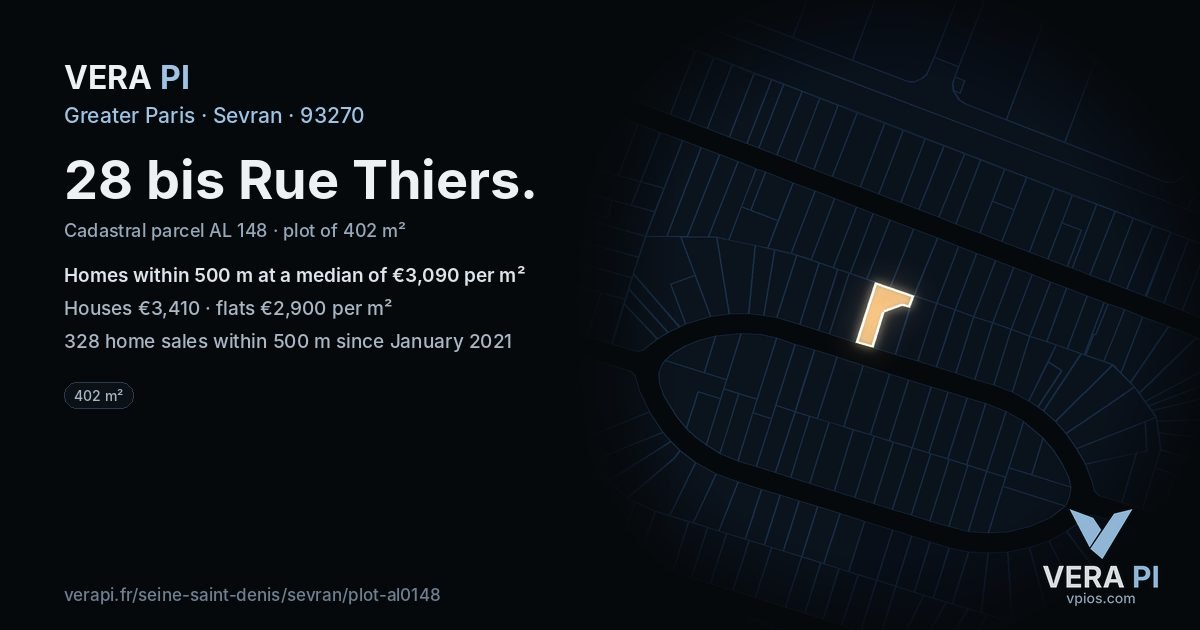 28 bis Rue Thiers, Sevran at night – the plot lit, the parcels around coloured by the prices near them