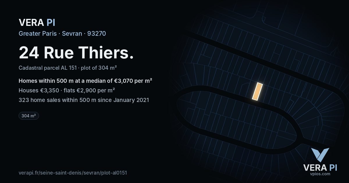 24 Rue Thiers, Sevran at night – the plot lit, the parcels around coloured by the prices near them