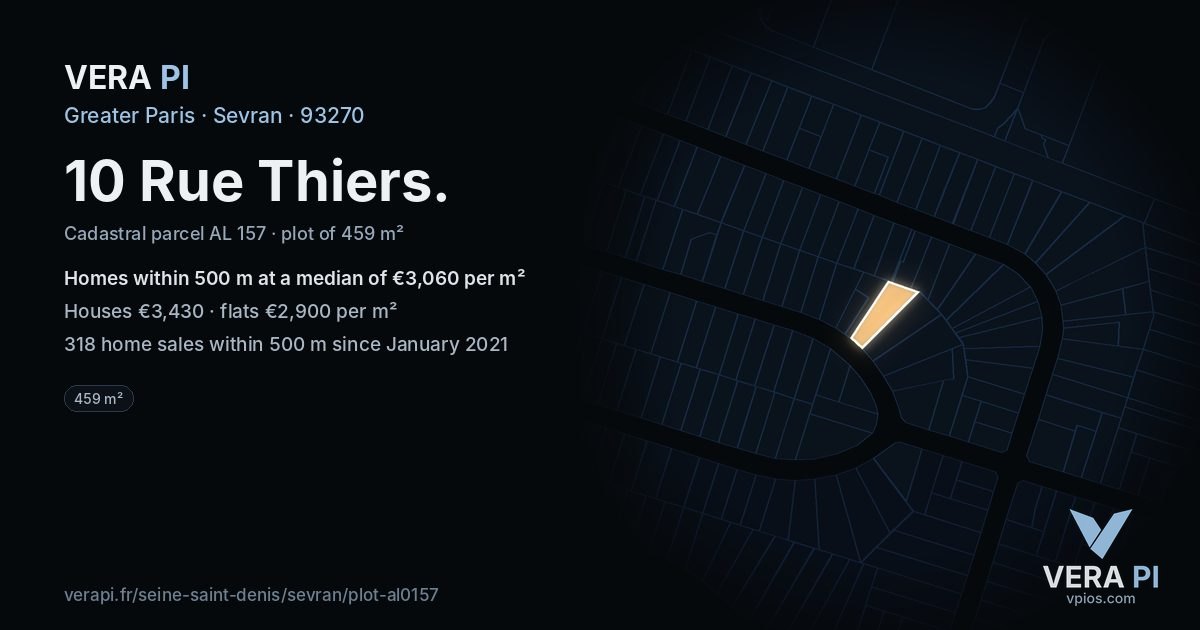 10 Rue Thiers, Sevran at night – the plot lit, the parcels around coloured by the prices near them