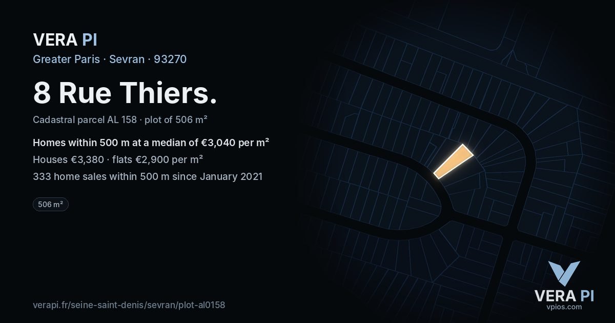 8 Rue Thiers, Sevran at night – the plot lit, the parcels around coloured by the prices near them